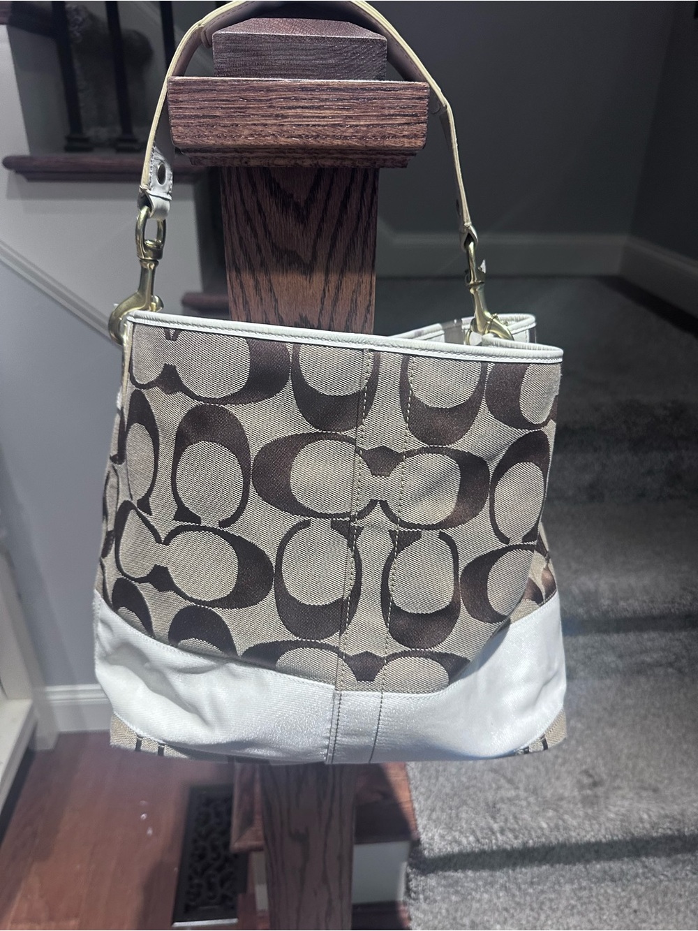 Coach Signature Canvas Shoulder Bag in Brown and Cream with Gold Hardware